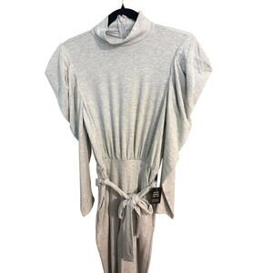 Express Gray Mock Neck Tie Waist Jumpsuit XS Rayon Spandex Pockets Puff Sleeve
